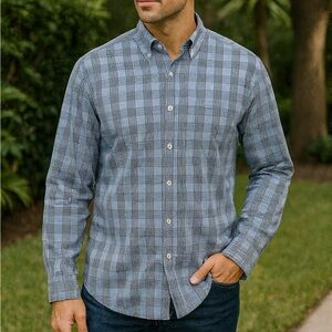 Tommy Hilfiger Button Down Shirt Men’s XXL Blue Plaid 100% Cotton Long Sleeve